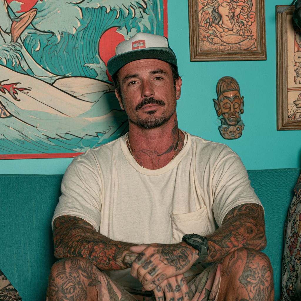 Tattooed artist in a coastal studio surrounded by wave artwork and creative prints
